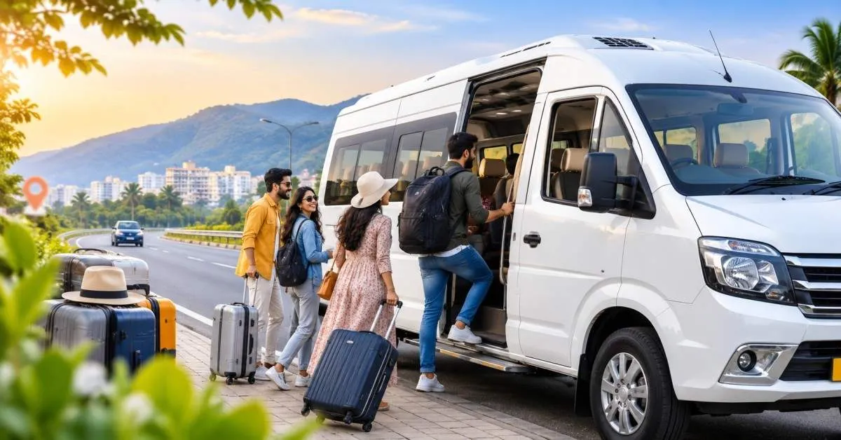 Tourists boarding a tempo traveller
