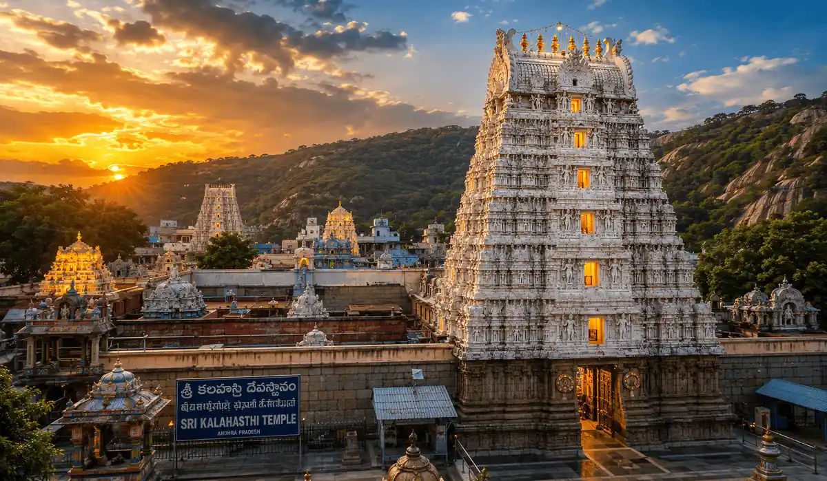 Tirupati to Sri Kalahasti cab service showing a comfortable SUV taxi on the temple route with Sri Kalahasti Temple