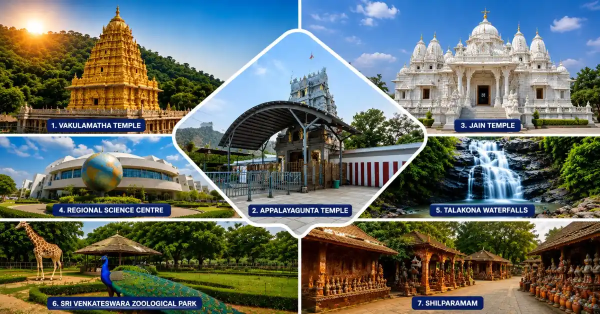 Tirupati local sightseeing attractions including temples, Talakona Waterfalls, zoo park, and Shilparamam
