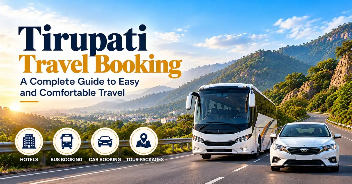 Tirupati travel booking with bus and car on a scenic road.