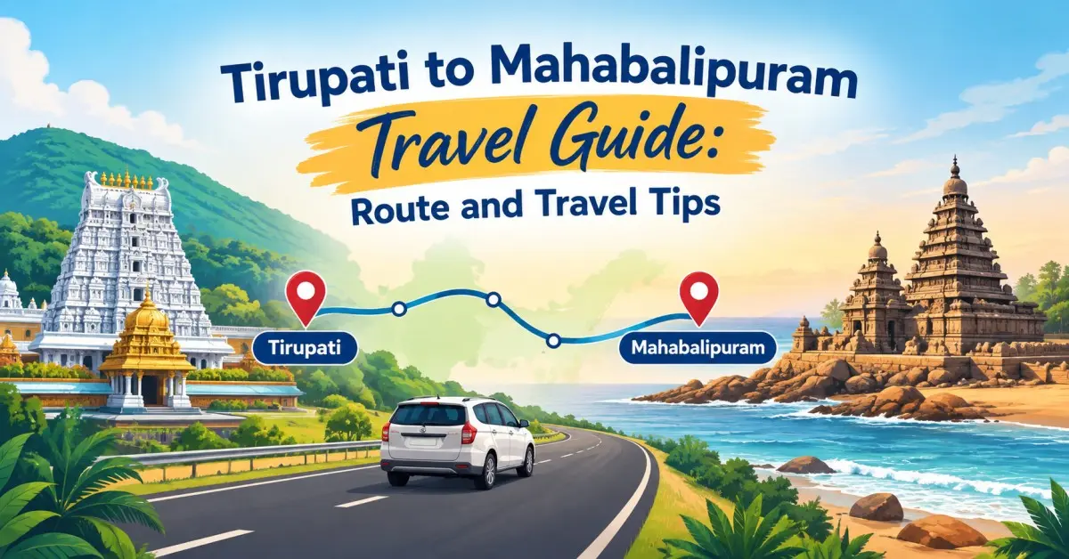 Tirupati to Mahabalipuram travel guide showing the road route, car journey, Tirupati temple,Mahabalipuram Shore Temple, distance, transport options, and travel tips.