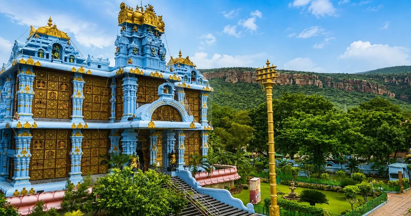 ISKCON temple in Tirupati with scenic hill background