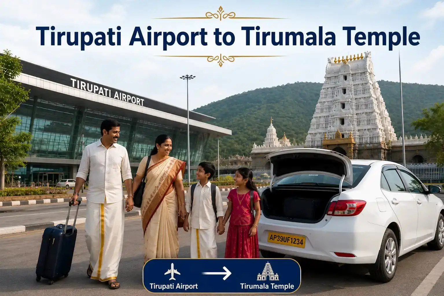 Devotees traveling from Tirupati Airport to Tirumala Temple by cab service for Lord Venkateswara darshan